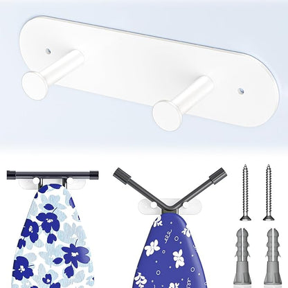 Ironing Board Holder Wall Mount,Ironing Board Hanger with Removable Hooks, Laundry Rooms Stainless Steel Ironing Boards Hook for Wall for Y or T Leg (White)