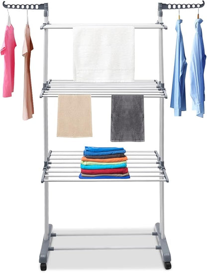 Foldable Clothes Drying Rack, 4 Tier Metal Clothes Rail with Wheels 7 Windproof Hooks Clothes Horses Rack Laundry Garment Dryer Stand with 2 Side Wings Indoor, Outdoor, Bedroom, Loft (Gray)
