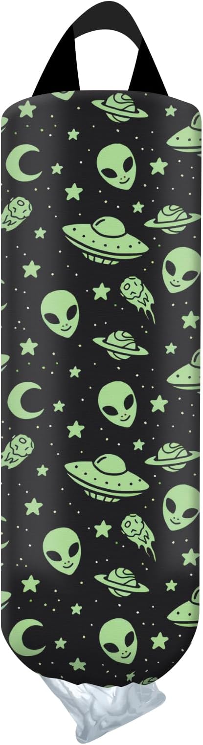 Plastic Bag Holder, Wall Mount Grocery Bag Organizer, Funny Hanging Trash Bag Storage Dispenser for Home Kitchen Cute Green Alien