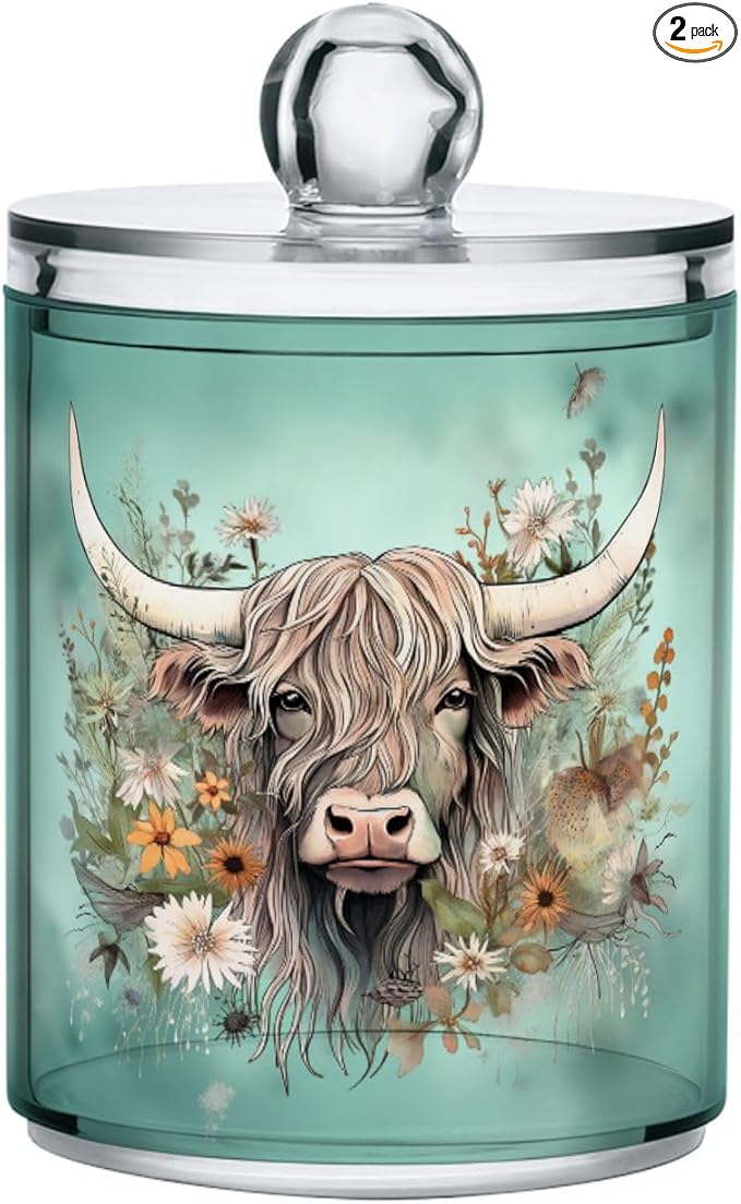 MNSRUU 2 Pack Qtip Holder Organizer Dispenser Highland Cow Flowers Pink Bathroom Storage Canister Cotton Ball Holder Bathroom Containers for Cotton Swabs/Pads/Floss