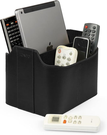 Londo PU Leather Remote Control Holder, Office Supplies Desk Organizer with Tablet Slot, Makeup Brush and Utensils Cube, Large Capacity Desk Caddy With 5 Compartments