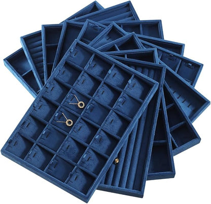 Velvet Jewelry Display Tray For Bracelet Pendant Necklace, Multi-Slot Stackable Storage Tray For Long Chain Jewelries, Drawer Insert Jewelry Organizer (Blue)