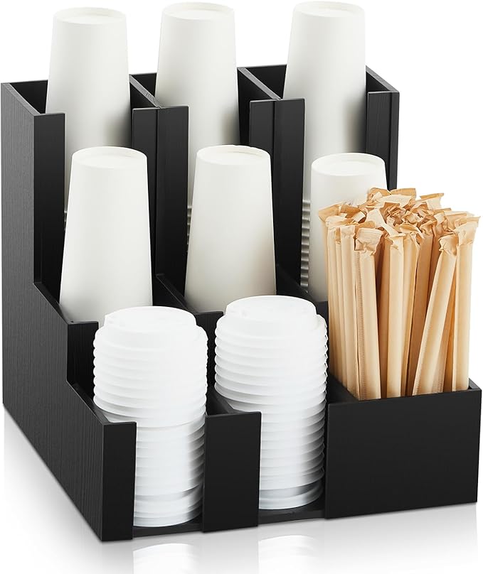 Wooden Vertical Coffee cup and lid dispenser, coffee condiment organizer, 9 Compartment for Disposable Paper & Plastic Cup, for cabinet Station Home Countertop Bar 13''l x 13''w x 12''h