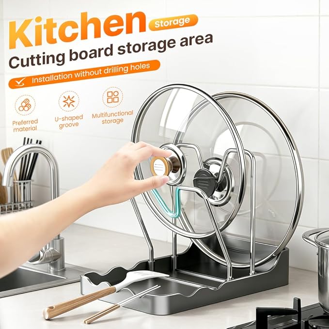 ROWPOZ Kitchen Pot Lid Storage Rack, New Multifunctional Stainless Steel Pot and Pan Organizer with Removable Drip Tray, Lid Holder While Cooking, Lid And Spoon Rest (Begie Single)