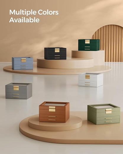 SONGMICS Jewelry Box Organizer with Glass Lid, 3-Layer Jewelry Storage, with 2 Drawers, Modern Style, 8 x 9.1 x 5.3 Inches, Caramel Brown and Gold Color UJBC239K01