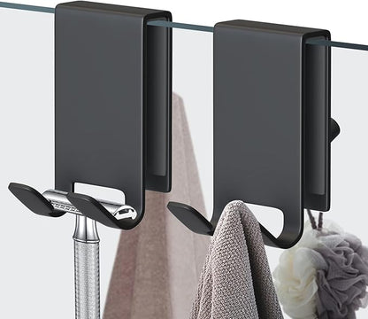 KITHOLD Shower Door Hook, Double-Sided Hook for Frameless Shower Doors (3.14 Inch), Heavy-Duty Stainless Steel Hook for Bathrobes and Towels, No Drilling or Adhesive Required, 2-Pack, Black