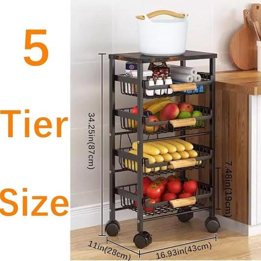 CarolynDesign 5 Tier Metal Wire Basket Cart on Wheels, Stackable Storage Bins for Kitchen, Living Room, Bedroom, Bathroom, Free Stand Vegetable Fruit Racks with Pull Out Drawers
