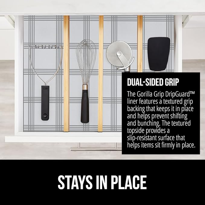 GORILLA GRIP DripGuard Shelf Liner, Non Adhesive Drawer and Kitchen Cabinet Protector, 24x240 Inch, Slip Resistant BPA Free Smooth Surface Plastic Liners for Cabinets, Bathrooms, Closets, Gray White