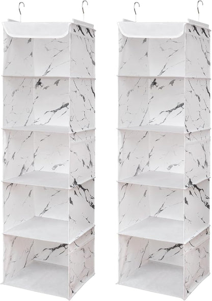 5 Shelves Hanging Closet Organizer, 2 Pack Hanging Storage with 6 Side Pockets for Clothes Shoes, 43"x12"x12"(Marblizing)