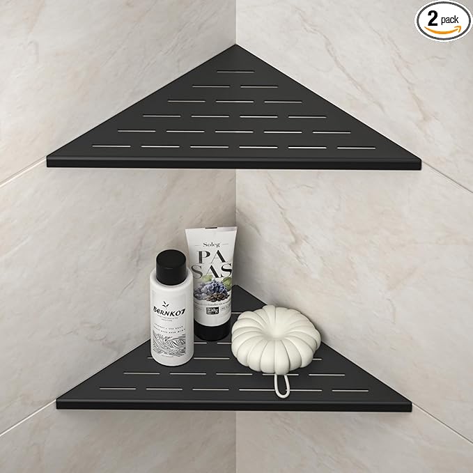 Bernkot Corner Shower Shelf, 12" Matte Black 304 Stainless Steel Slot Design Recessed Corner Shelves 2 Pack Bathroom Grout in Shelf for Tiled Wall, Large Size
