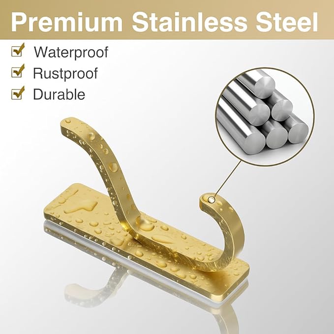 niffgaff Wall Hooks for Coat and Towel: 13lb Adhesive Door Hanger Stick On, Sticky Hook for Wall, Closet, Bathroom - Stainless Steel, Brushed Gold, 4 Pack