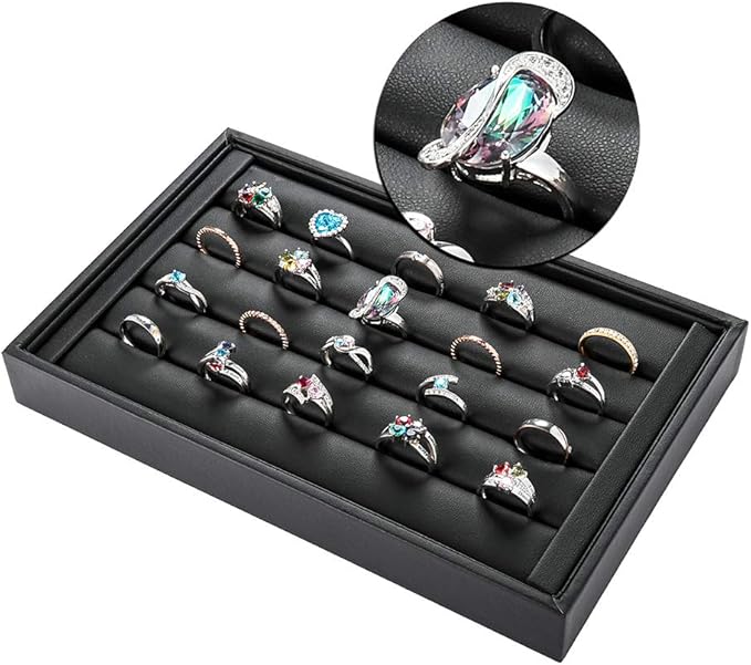 Valyria Velvet 5 Slots Ring Earrings Trays Showcase Display Jewelry Organizer (Black Flat PU Leather)