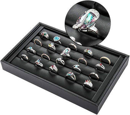 Valyria Velvet 5 Slots Ring Earrings Trays Showcase Display Jewelry Organizer (Black Flat PU Leather)