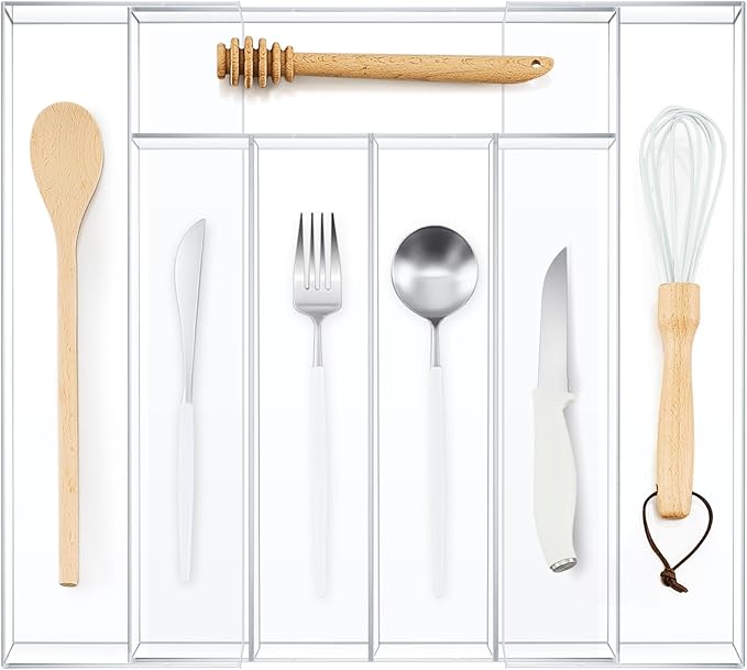 1 Pack Expandable Kitchen Drawer Organizer Clear Acrylic Utensil Organizer Adjustable Acrylic Silverware Storage for Drawers Silverware Flatware Knives (12 x 16 Inches,5-7 Compartments)