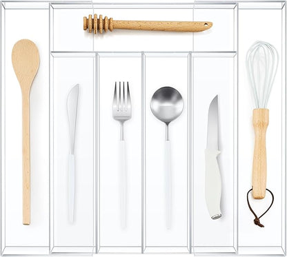 1 Pack Expandable Kitchen Drawer Organizer Clear Acrylic Utensil Organizer Adjustable Acrylic Silverware Storage for Drawers Silverware Flatware Knives (12 x 16 Inches,5-7 Compartments)