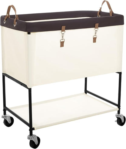 StorageWorks Laundry Cart, 2 Tier Rolling Laundry Basket, Heavy Duty Laundry Basket with Lockable Wheels, Laundry Room Organization and Storage, Clothes Hamper for Bedroom, Dorm, Closet, 46Gal, Beige