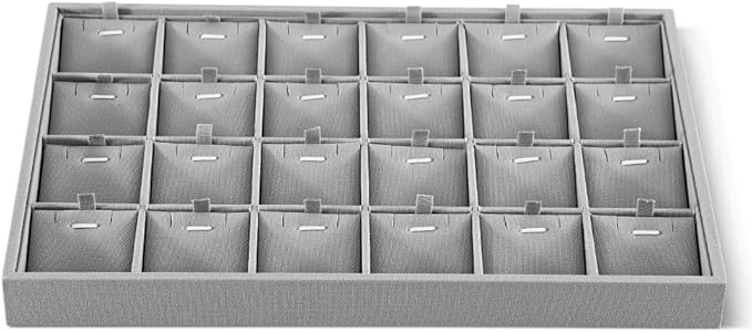 Dansmiy Linen Stackable Necklace Storage Tray, 24 Grid Pendant Display Tray, Jewellery Shop Counter Showcase Table Top Organizers, Makeup Table Drawer Insert Jewelry Tray