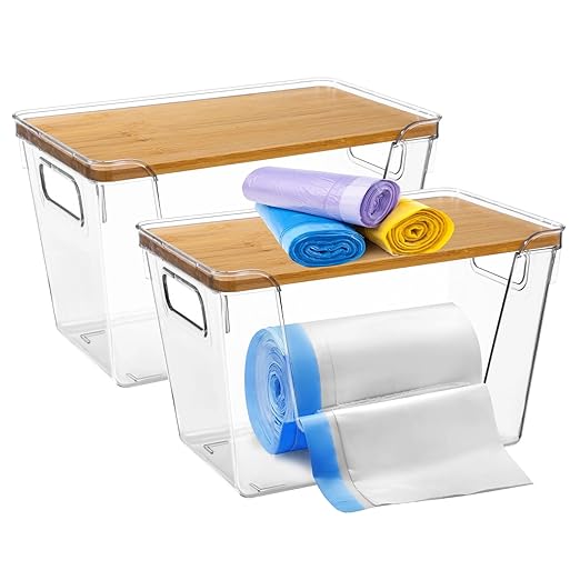 2-Pack Trash Bag Dispenser with Bamboo Top - Stackable Garbage Bag Holder, Acrylic Organizer with Handles for Under Sink Kitchen,Pantry,Laundry Room,Cabinet Organizer