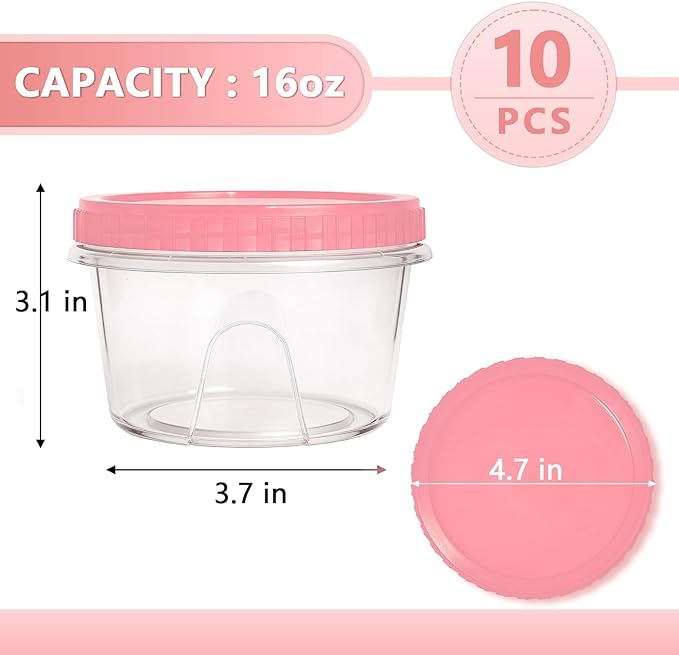 Slomg 10 Pack 16 oz Freezer Storage Containers with Pink Twist Top Lids, Small Plastic Food Storage Soup Meal Prep Containers, Leakproof Overnight Quart Containers for Lunch Leftover Fruit Salad Oat