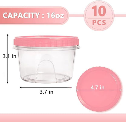 Slomg 10 Pack 16 oz Freezer Storage Containers with Pink Twist Top Lids, Small Plastic Food Storage Soup Meal Prep Containers, Leakproof Overnight Quart Containers for Lunch Leftover Fruit Salad Oat