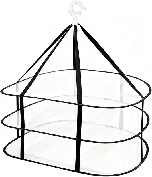Fashion & Lifestyle 3-Tier Foldable Clothes Black Drying Rack, Hanging Mesh Laundry Dryer with Sturdy Frame for Delicates/Sweaters/Underwear, Space-Saving Indoor Outdoor Drying Organizer