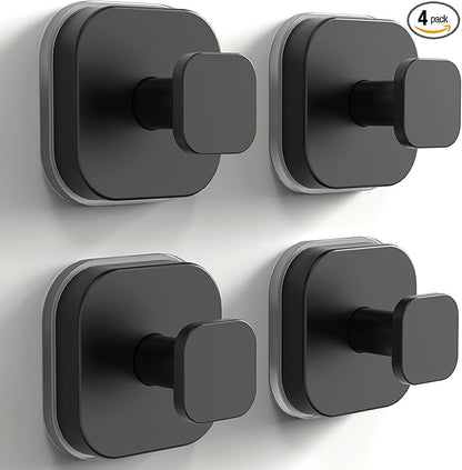 4 Pack Stainless Steel Suction Cup Hooks for Shower, Removable No Drill Towel Hooks for Bathroom Glass Door Mirror Tile, Waterproof Rustproof Suction Hooks for Loofah, Bath Robe, Coat, Matte Black