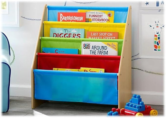Delta Children Sling Book Rack Bookshelf, 4-Tier Wooden Shelf with Soft Fabric Pockets, Ideal for Playroom, Living Room, Basement, or Bedroom