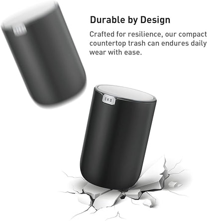 EKO Mini Desk Trash Can with Swing-Top Lid 0.4 Gallon Small Table Round Wastebasket for Office, Home, Car (Black)
