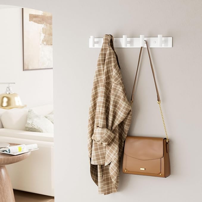 White Wall Mounted Coat Rack – 5 T-Shaped Pegs for Hats, Bags & Towels, Heavy-Duty Metal Rail for Entryway, Bathroom, Closet, Bedroom (2 Pack)
