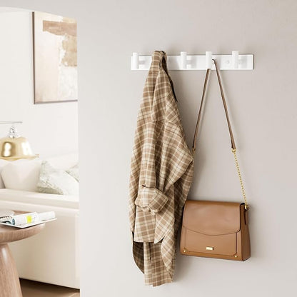 White Wall Mounted Coat Rack – 5 T-Shaped Pegs for Hats, Bags & Towels, Heavy-Duty Metal Rail for Entryway, Bathroom, Closet, Bedroom (2 Pack)