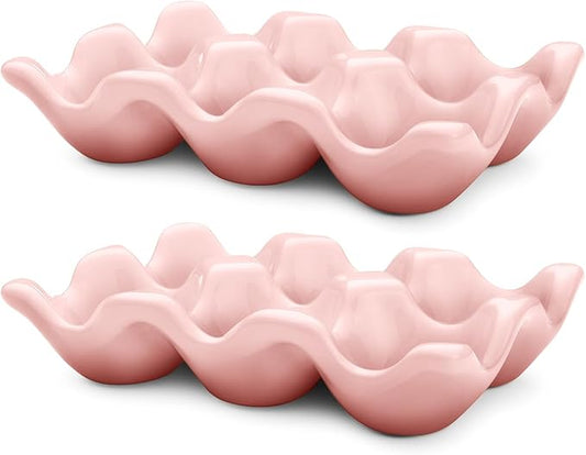 Flexzion Porcelain Egg Crate - 6-Egg Capacity Ceramic Egg Tray, Half Dozen Egg Holder for Fridge, Countertop Display - Pink Decorative Serving Dish and Storage Organizer, 2 Pack