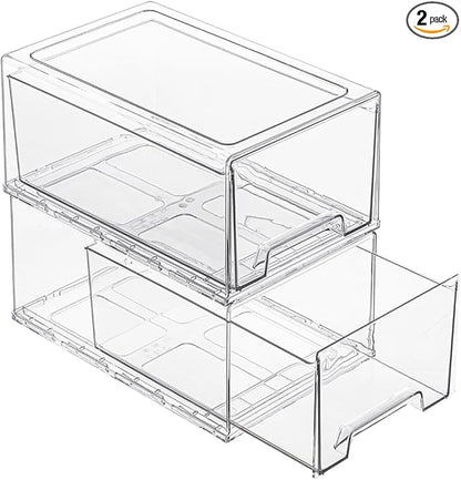 2 Pack Stackable Pull-Out Storage Drawers,Plastic Clear Organizer Bins with Handles,Easily Clean for Craft,and Toy Organization,Kitchen,Undersink,Cabinet,Fridge,Closet,Pantry,Office,Bathroom