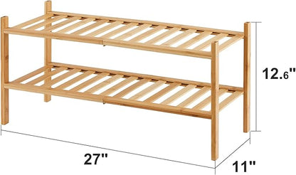 2-Tier Bamboo Shoe Rack for Entryway, Bamboo Wood Shoe Organizer for Hallway Closet, Free Standing Shoe Racks for Indoor Outdoor