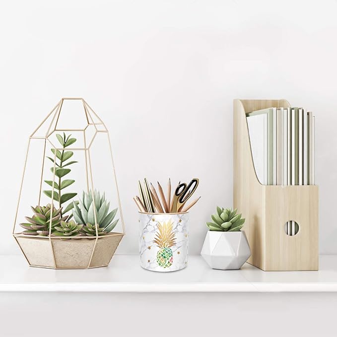 WAVEYU Cute Aesthetic Pencil Holder for Desk, Pineapple Pen Cup Holder, Pretty Office Accessories for Girls Women, Ceramic Organizers, Makeup Brush Holder for Home, Green Pineapple