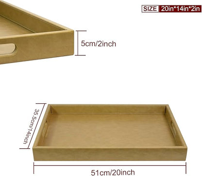 20 * 14 inches Leather Rectangle Serving Tray with Hole Handles,High-End Light Large Service Tray for Ottoman Tray, Tea, Food, Butler - Countertop, Kitchen,Family Dinner, Picnic (Brown)
