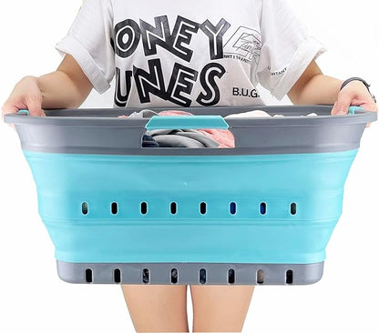 SAMMART 42L (11 gallon) Collapsible Plastic Laundry Basket - Foldable Pop Up Storage Container/Organizer - Space Saving Hamper/Basket (Grey/Crystal Blue)
