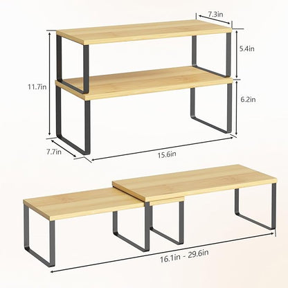 NEX Kitchen Cabinet and Counter Shelf Organizer, Stackable & Expandable, Set of 4, Black and Natural - 7.7 x 15.6 x 6.2''
