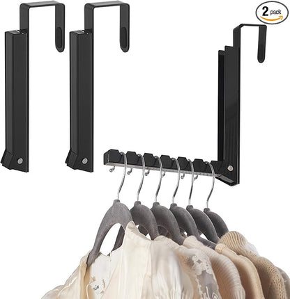 YAZYBHA 2 Pack Over The Door Hooks Hanger for Clothes, Foldable Over The Door Drying Rack for Laundry, Overdoor Hanger Hook with 6 Groves for Towel, Coat, Black
