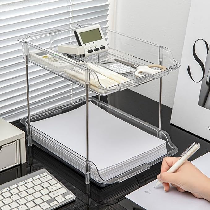 SOVGIZF Expandable Cabinet Organizer Shelf, 2-Tier kitchen Counter Organization Shelves, Spice Rack,Clear Plastic Countertop Storage Rack for Makeup, Pantry, Cupboard, Bathroom, Desk Organization