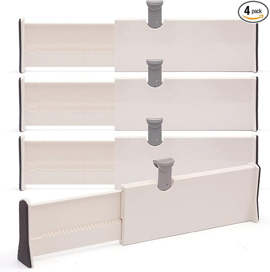DIOMMELL 4 Pack Adjustable Dresser Drawer Dividers Organizers, Plastic Expandable Drawer Organization Separators for Kitchen, Bedroom, Closet, Bathroom and Office Drawers