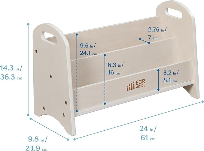 ECR4Kids 2-Shelf Tabletop Book Display with Handles, Beginner Bookshelf, White Wash