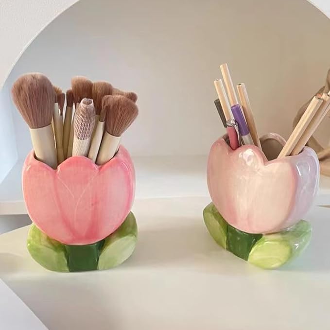 Cute Pen Holder for Desk Pink Vase Decor Aesthetic Toothbrush Holder Pencil Holder for Office Makeup Brush Holder Kawaii Desk Accessories Tulips Home Decor Birthday Gifts for Women