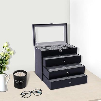 DouSeiAi 4 Layer Sunglasses Organizer, 24 grids of Glasses Sunglasses Storage Box, lockable Eyewear Display Case with Drawer (Black)