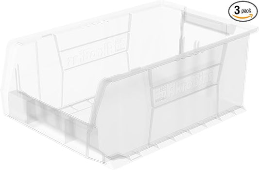 Akro-Mils 30281 Super-Size AkroBins Plastic Storage Bins, Space-Saving Stackable Bins for Garage, Classroom, Warehouse Organization, 20" L x 12" W x 8" H, Clear, 3-Pack