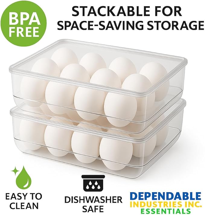 Dependable Industries inc. Essentials Stackable Plastic Egg Holder for Refrigerator with Lid – Clear 12 Count Fridge Egg Container, BPA Free Egg Storage Organizer Bin