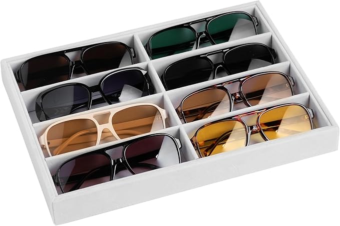 Frebeauty Sunglass Organizer,Velvet Glasses Organizer,8-Slot Sunglasses Tray for Drawer, Men's/Women's Sunglasses Box, Glasses Holder for Watch Stackable Eyeglass/Eyewear Display Tray(White)