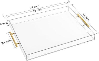 Large Clear Acrylic Serving Tray (16×18 Inches) with Gold Handles Spill Proof Acrylic Decorative Tray Organiser for Ottoman Coffee Table Countertop