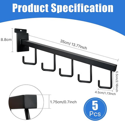 5 Hooks Slatwall Hooks Accessories, 5 Pack 13.7 Inch Heavy Duty Waterfall Slatwall Hangers Rectangular Tube Slat Wall Clothes Hooks for Display Clothing Retail Shop Garage