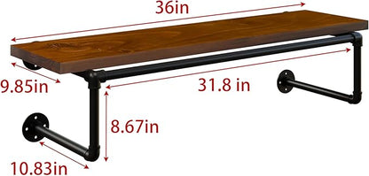 Clothes Rack 36in, Wall Mounted Garment Racks with Real Walnut Wood Shelves, Heavy Duty Hanging Clothes Rack, Multi-Purpose Hanging Rod, Space-Saving Closet Storage