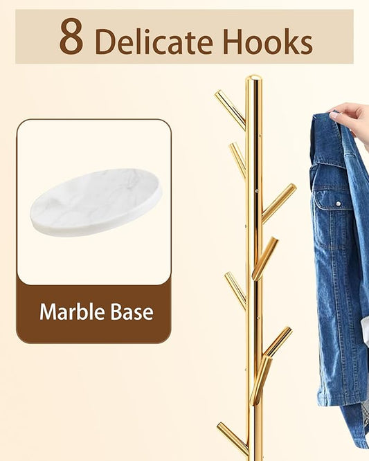 Modern Coat Rack Stand, Metal Freestanding Coat Rack with Natural Marble Base, Golden Coat Racks with 8 Hooks and Coat Hanger Tree Jacket Stand for Office, Entryway, Hallway